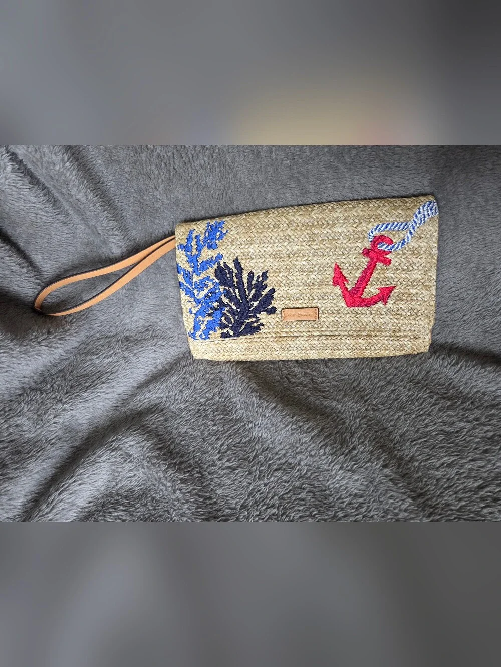 Vera Bradley Straw Wristlet with Blue and Pink Anchored Embroidery